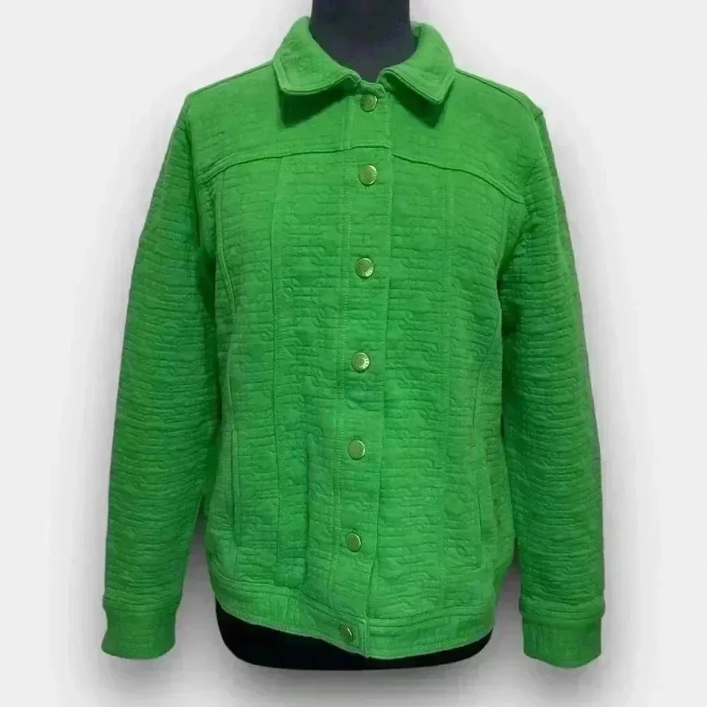Isaac Mizrahi Live Women's Quilted Jacket L Green Button Front Cotton Collar